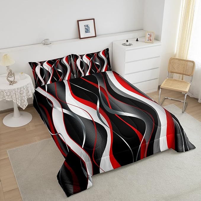 Feelyou Red Grey Black Comforter Set Geometric Spiral Duvet Set for Kids Boys Girl Modern Abstract Bedding Set Grey White Comforter 1 Comforter Set with 2 Pillowcases King Size Boys
