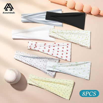 Headbands for Women, 8 Pack Non-Slip Moisture Wicking Sports Wide Head Bands, Stretchy Elastic Fabric, Multiple Colors Securing Hair for Fashion, Sports, Yoga, Running, Daily Life