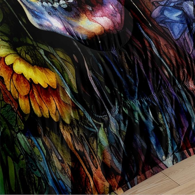 Gothic Skull Comforter Set Twin Size, Boho Hippie Sunflower Bedding Set for Colorful Tie-dye Bedroom Decor, 3Pcs Soft Microfiber Set, 68 * 86