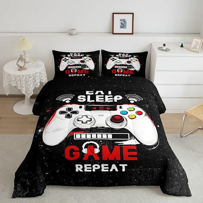 jejeloiu Eat Sleep Game Bedding Set King Size Cartoon Gamer Comforter Set for Kids Boys Girls Modern Game Duvet Set Black Red Quilt Set 3Pcs