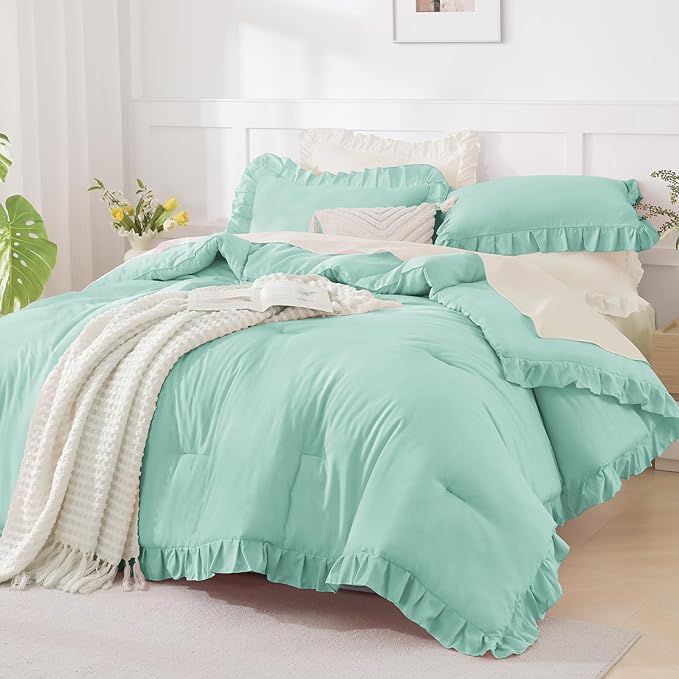 Andency Mint Green Comforters Queen Size, 3 Pieces Solid Shabby Chic Farmhouse Bedding Comforters & Sets, Lightweight Fluffy All Season Soft Down Alternative Bed Set for Women Men