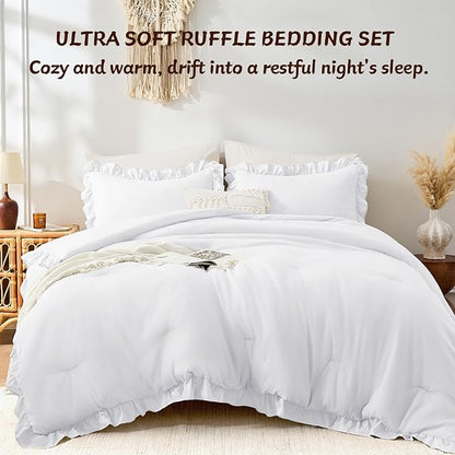 FUANNA Queen Comforter Set White 3 Pieces, Ruffle Shabby Chic Queen Bed Set, Fluffy Lightweight Soft Bed in a Bag Queen for All Seasons, Farmhouse Bedding Comforter Sets(1 Comforter & 2 Pillowshams)