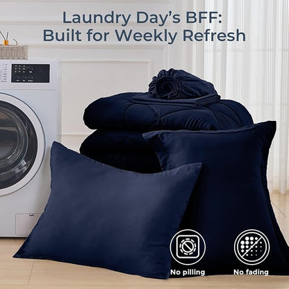 HEVUMYI Navy Blue Twin Comforter Set - 5-Piece All Season Bed in a Bag Twin, Ultra Soft Bedding Set with Comforter, Flat Sheet, Fitted Sheet, Pillowcases, Pillow Shams, Navy Blue