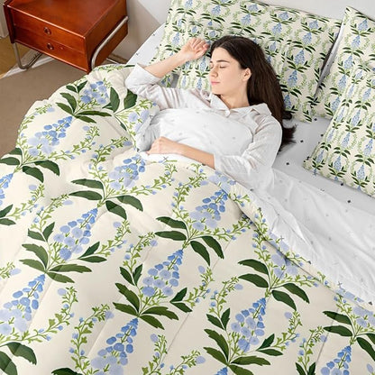 Feelyou Girls Vintage Flower Comforter Set with Sheets Queen Size 7 Pieces Kids Romantic Florals Pattern Bedding Set for Boys Women Teens Botanical Nature Garden Theme Bed in a Bag Room Decor
