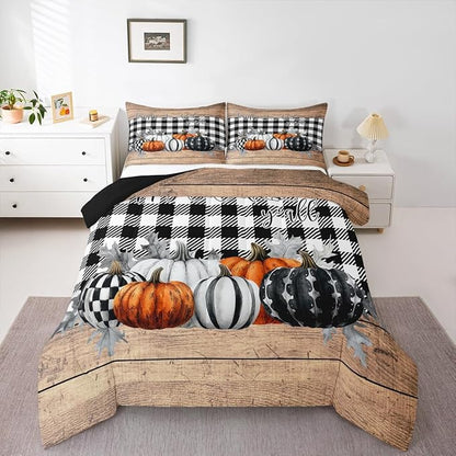 Fall Pumpkins Comforter Set King Rustic Farmhouse Thanksgiving Theme Bedding Set Black White Buffalo Plaid Bedding Comforter Sets Happy Autumn Fall Quilt Duvet Wooden Board Home Room Decor 3 Pcs