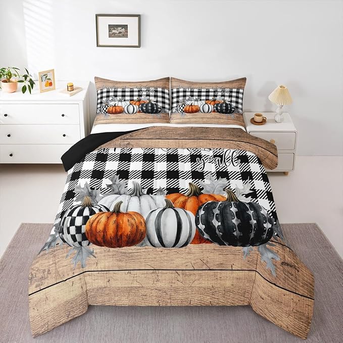 Fall Pumpkins Comforter Set Twin Rustic Farmhouse Thanksgiving Theme Bedding Set Black White Buffalo Plaid Bedding Comforter Sets Happy Autumn Fall Quilt Duvet Wooden Board Home Room Decor 2 Pcs