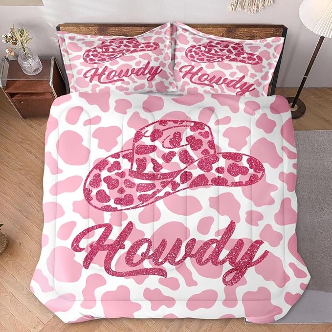 King Size Comforter Set with 2 Pillowcases, Western Cowboy Cow 3 Pcs Bedding for Kids and Adults, Pink Cowgirl Leopard Print Soft Comforter Set for Bedroom Bed Decor