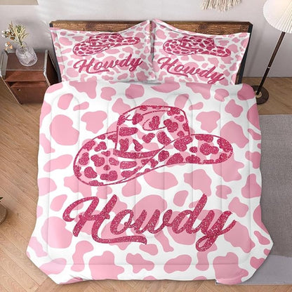 Full Size Comforter Set with 2 Pillowcases, Western Cowboy Cow 3 Pcs Bedding for Kids and Adults, Pink Cowgirl Leopard Print Soft Comforter Set for Bedroom Bed Decor
