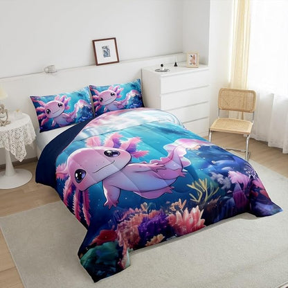 Erosebridal Kawaii Axolotl Comforter Set for Kids Boys and Teens Room, Salamander Animal Bedding Set Toddler Size, Ocean Life Down Comforter,Underwater World Sea Animal Quilt, Breathable Room Decor