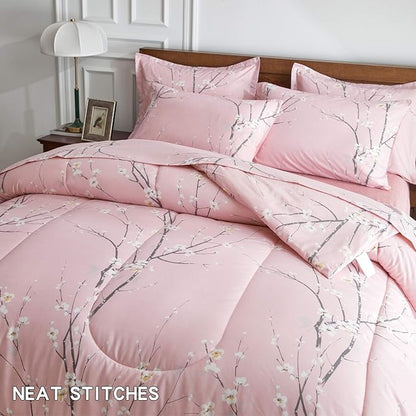 AIKASY Bed in a Bag 6 Pieces Twin Size - Floral Print - Soft Microfiber, Reversible Bed Comforter Set (1 Comforter, 2 Pillow Shams, 1 Flat Sheet, 1 Fitted Sheet, 1 Pillowcases)（Pink, Twin）