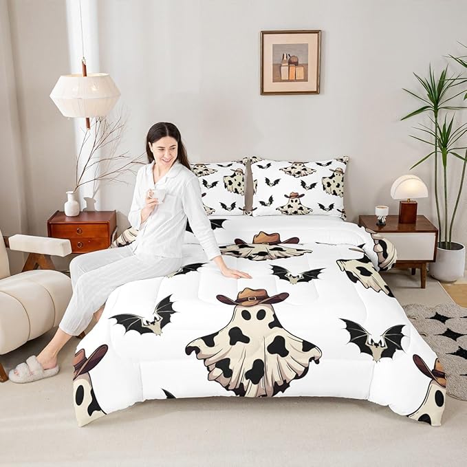 Erosebridal Cowboy Ghost Bedding Set Full for Boys, Horror Halloween Decor Comforter Set Gothic Bat Comforter, Black Bat Quilt with 2 Pillow Cases for Kids Girls Teens Women Men Bedroom