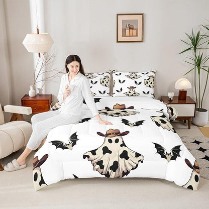Erosebridal Cowboy Ghost Comforter Set Queen for Boys, Horror Halloween Decor Bedding Set Gothic Bat Comforter, Black Bat Quilt with 2 Pillow Cases for Kids Girls Teens Women Men Bedroom