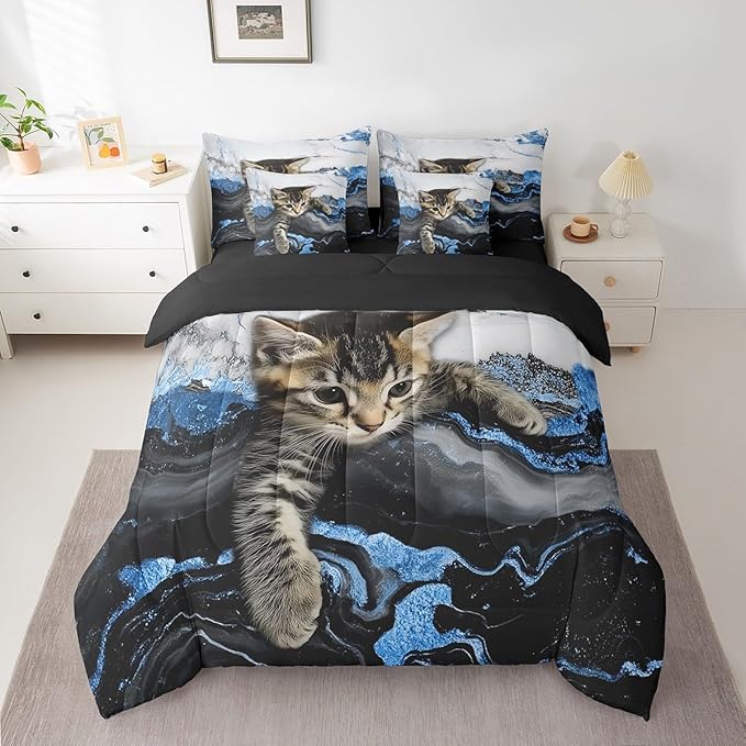 Erosebridal Blue Marbling Cat Bedding Set Watercolor Marble Printed Comforter Sets with Sheets Cartoon Cat Pet Animal Bed Set Luxuary Retro Artwork Tie Dye Bed in A Bag (Full,7 Pieces)