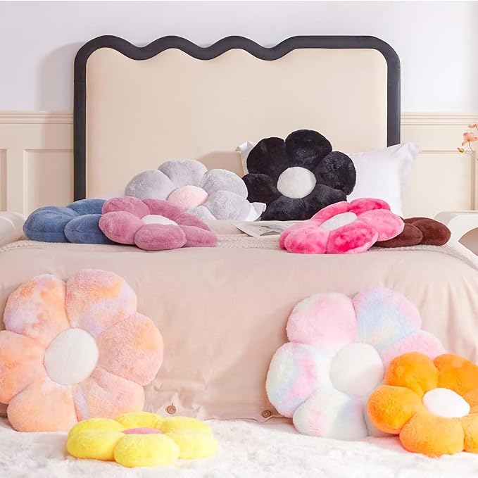 Black Flower Pillow, Cute Decorative Flower Shaped Throw Pillow with Faux Rabbit Fur, 19.6" Soft Daisy Plush Floor Cushion Aesthetic Room Decor for Bed Sofa Couch