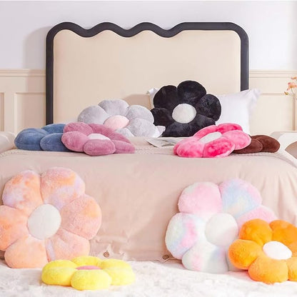 Flower Pillow Cute Decorative Throw Pillow with Faux Rabbit Fur Soft Daisy Plush Floor Cushion Aesthetic Flower Shaped Pillow Home Decor for Bed Sofa Couch (Orange 19.6 Inch)