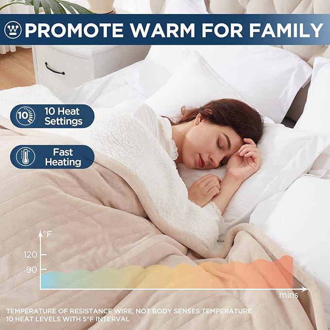 Westinghouse Electric Blanket Full, Heated Blanket Full Size with 10 Heating Levels and 1 to 12 Hours Heating Time Settings, Flannel to Sherpa Reversible, Machine Washable (80" x 84", Beige)