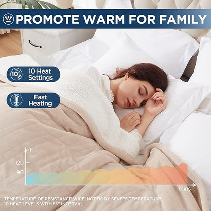 Westinghouse Electric Blanket Full, Heated Blanket Full Size with 10 Heating Levels and 1 to 12 Hours Heating Time Settings, Flannel to Sherpa Reversible, Machine Washable (80" x 84", Beige)