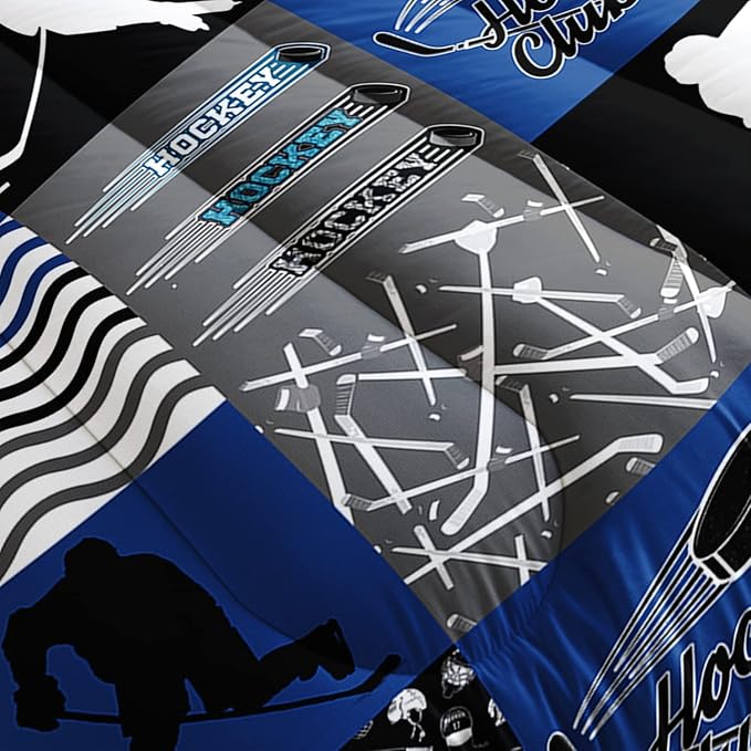 HOSIMA Ice Hockey Comforter Set for Boys Kids Teens Bedroom Decor, Soft Microfiber Sports Theme Blue and Gray Hockey Bedding with 2 Pillowcases,Hockey Player Bedding Comforters & Sets.