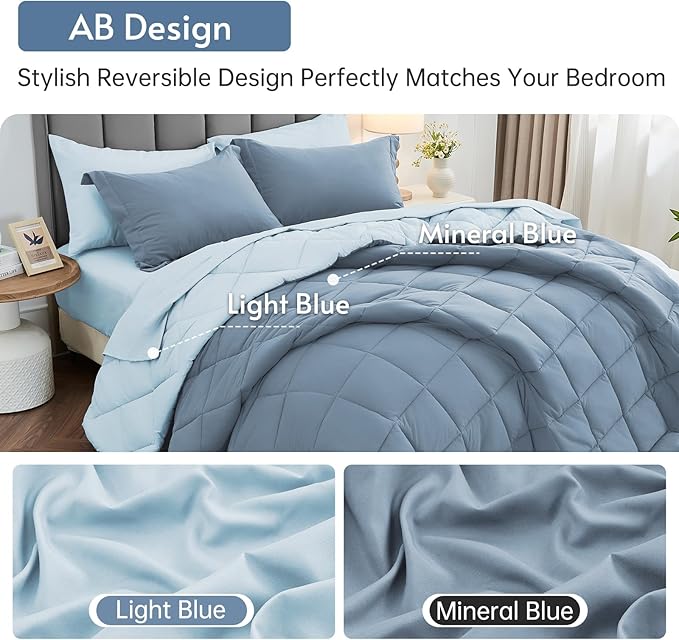 MUXHOMO 5 Pieces Twin XL Comforter Set, Reversible Bed in a Bag Twin XL Size, All Season Bedding Set with Comforter, Flat Sheet, Fitted Sheet, Pillowcases & Shams, Mineral Blue & Light Blue