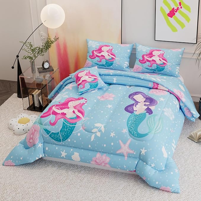 6 Pieces Memaid Comforter Sets,Blue Pattern with Sunflower and Mermaid,Decorative 6 Piece Bedding Sets with Comforter,Flat Sheet,Fitted Sheet,Throw Pillow Cover,Pillow Shams,Queen Size