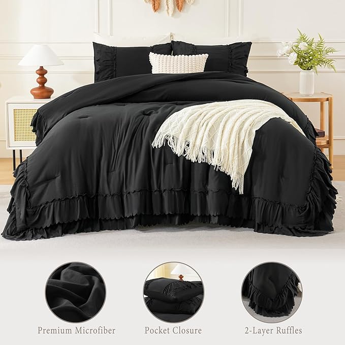 Herside Black Ruffle Comforter Set Queen Size,Shabby Chic Boho Bedding Sets, Soft Fluffy Comforters Sets for All Season,Vintage Ruffled 3 Pcs Microfiber Lightweight Quilt Set for Women Girls