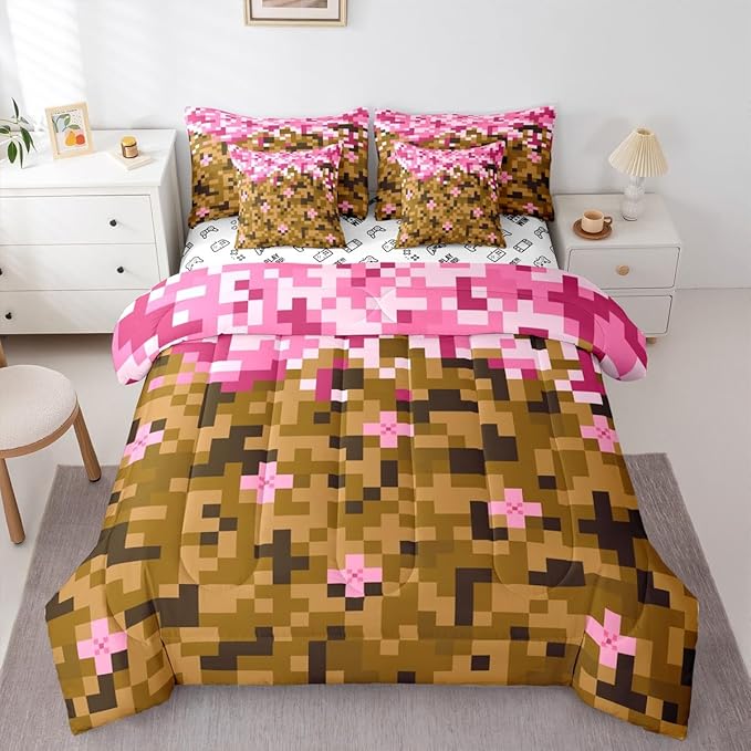 Castle Fairy Miner Theme Games 7 Piece Bedding Set Queen Size,Pixel Pink Brown Comforter & Sheet Sets Building Gamers Bed in a Bag Block Patchwork Flat & Fitted Sheets,4 Pillow Covers