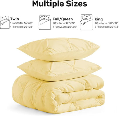 UNIKOME Queen Comforter Set Yellow - Ultra Soft Boho Pintuck Down Alternative Bedding Set for All Seasons, 3 Pieces Lightweight Warm Pinch Pleat Bed Set with Comforter, 2 Pillowcases