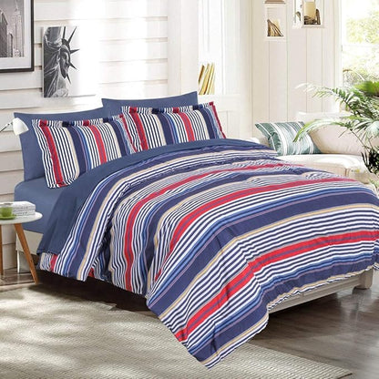 EMME Queen Comforter Set-Bed in A Bag Striped, 7 Piece Navy Red Bedding Sets Queen Size with Sheets, Full Size Comforter, Pillowcases&Shams, Soft Down Alternative Bed Set for All Season