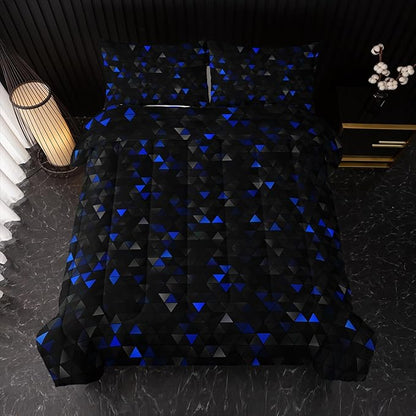 Geometric Blue Black Comforter Set,Triangle Honeycomb 3 PCS Bedding Set Full Size for Teen Adult,Modern Quilt Set Geometry Decor,Microfiber Lightweight 1 Comforter 2 Pillowcases