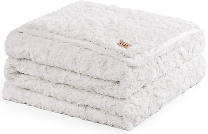 UGG Faux Fur Full/Queen Blanket for Bed, Double-Sided Soft Blanket, Warm Large Throw for Couch, Washable Full or Queen Bedding, Luxury Bedroom Decor, 90" x 90", Natural White (Adalee)