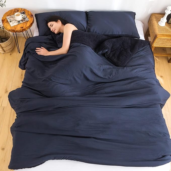 COTTEBED Warm Comforter Queen Size Sherpa Comforter Set Fuzzy Bedding Comforters Washable Cotton Fleece Down Alternative Lightweight Comforter and Pillow Shams(Dark Navy Blue,Full/Queen)
