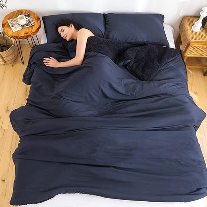 COTTEBED Warm Comforter Queen Size Sherpa Comforter Set Fuzzy Bedding Comforters Washable Cotton Fleece Down Alternative Lightweight Comforter and Pillow Shams(Dark Navy Blue,Full/Queen)
