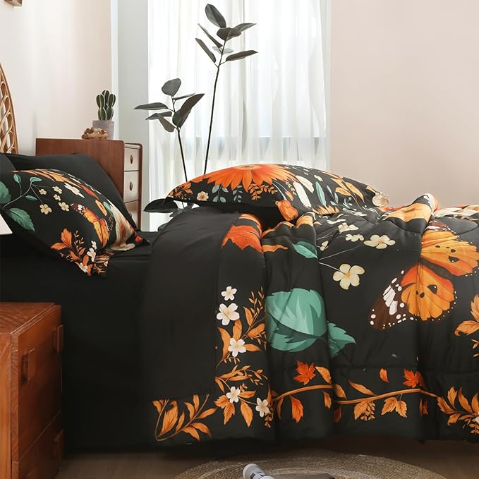 EVENHUG King Comforter Set 7 Pieces Lightweight Soft Queen Size Comforters for All Season Floral Bedding Sets Bed in a Bag with Flat Sheet and Fitted Sheet Pillowcases (104"x90")