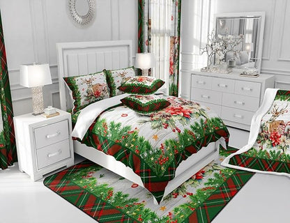 Castle Fairy Xmas Deer Elk Farmhouse Boys Girls Comforter Set Full Size,Merry Christmas Duvet Set Teens Bedroom Decor,Red Green Geometric Grid Microfiber Soft Bedding