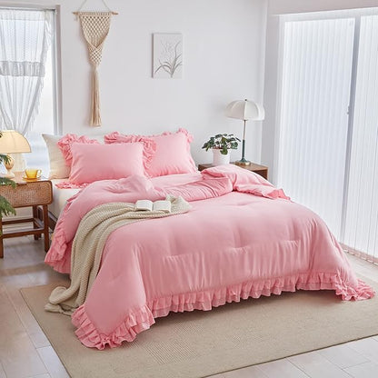 Pink Ruffled Comforter Set Twin Size, 3 Pieces (1 Ruffled Comforter and 2 Pillowcases) Farmhouse Shabby Chic Style with 2 Layers Ruffle, Solid Color Lightweight Soft Fluffy Bedding Sets for Girls