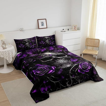 Erosebridal Gothic Skull Bedding Set for Adluts Kids Teens Halloween Goth Twin Comforter Vintage Victorian Romantic Purple Rose Floral Quilt Spooky Grunge Skeleton Boho Horror Bedding,Gothic Decor