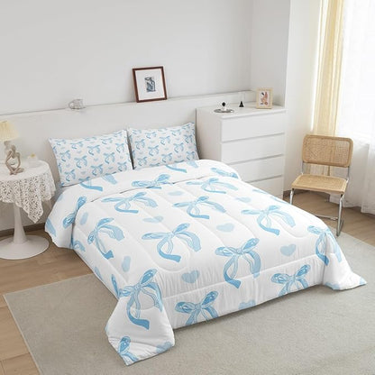 jejeloiu Cute Blue Bow Bedding Set King Size Ribbon Bow Comforter Set for Kids Women Cartoon Love Heart Duvet Set Blue White Quilt Set 3Pcs