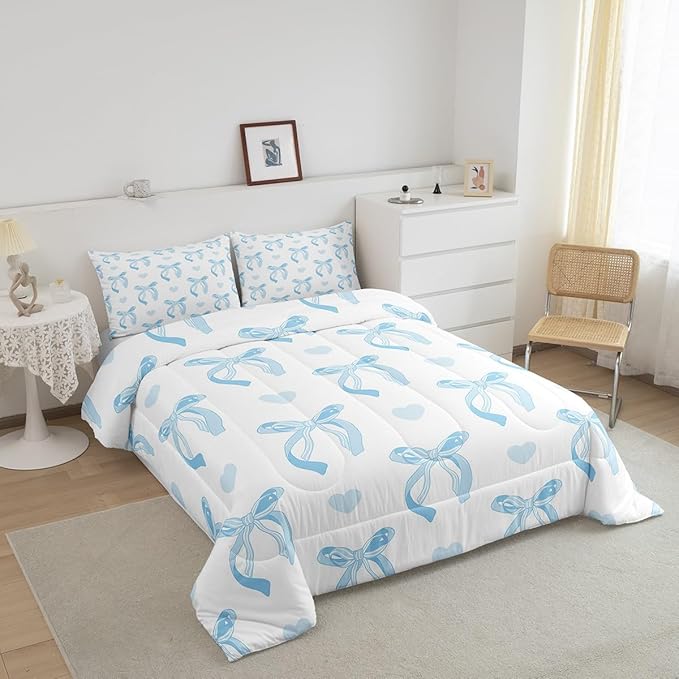 jejeloiu Cute Blue Bow Bedding Set Toddle Size Ribbon Bow Comforter Set for Kids Women Cartoon Love Heart Duvet Set Blue White Quilt Set 2Pcs