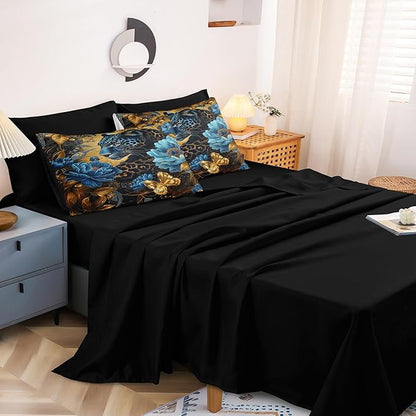 Black Gold Comforter Set Leopard Animal Bedding Set Blue Floral Brown Leopard Print Black and Blue Comforter Forest Theme Vintage Retro Black Bed in A Bag Queen
