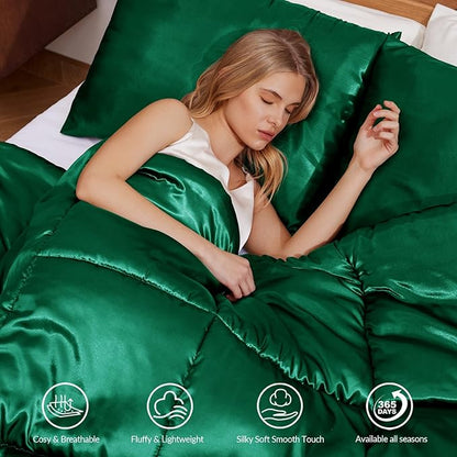 Whale Flotilla 3-Piece Reversible Silky Soft Queen Comforter Bedding Set, Luxurious Satin Comforters Full Size with 2 Satin Pillowcases, Lightweight Duvet for All Seasons, Deep Green