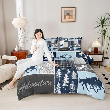 Erosebridal Hunting Horse Comforter Set Full Size, Rustic Cabin Lodge Bedding Set Western Horseshoe Duvet Insert Arrow Southwest Cowboys Cowgirls Down Comforter Vintage Adventure Bedroom Decor,Blue