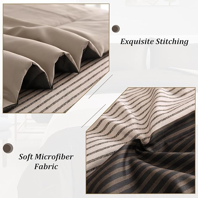 Brown Comforter Set King, Reversible Brown Striped Down Alternative Comforter for King Bed,3 Pieces (1 Comforter+2 Pillowcases), Soft Microfiber Bedding Duvet Set 104"×90"