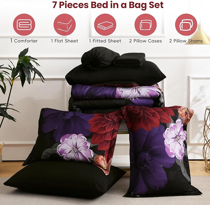WONGS BEDDING Black Comforter Set King Size, 7 Pieces Floral Bed in a Bag Set, Luxury Red Flower Bedding Set, Soft Microfiber for All Season with Pillowcases & Shams,Sheets(90"×104")