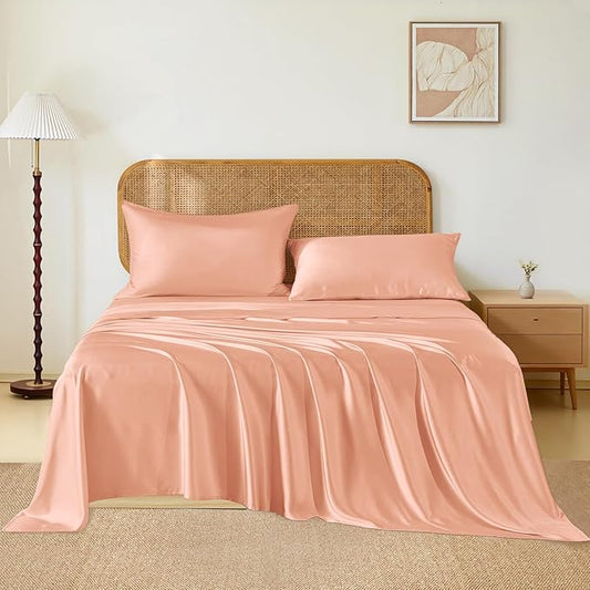 THXSILK Luxury Mulberry Silk Bed Sheets Set - 4pcs Silk Sheets Set 16" Deep Pocket - 1 Flat Sheet, 1 Fitted Sheet, 2 Pillowcases with Zipper Closure - Full, Peachy Pink
