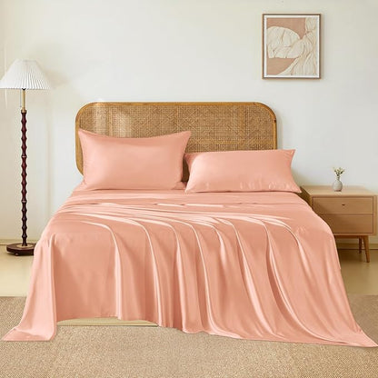 THXSILK Luxury Mulberry Silk Bed Sheets Set - 4pcs Silk Sheets Set 16" Deep Pocket - 1 Flat Sheet, 1 Fitted Sheet, 2 Pillowcases with Zipper Closure - Queen, Peachy Pink