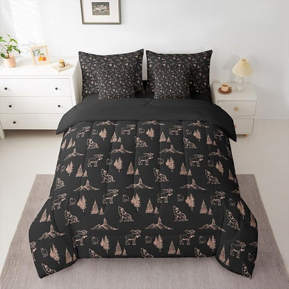 Erosebridal Woodland Animals 7 Piece Comforter Set King Size Bear Deer Wolf Hunting Theme Bedding Set for Kids Child | Rustic Cabin Lodge Decor Sheets Farmhouse Wildlife Mountain Black Brown Quilt
