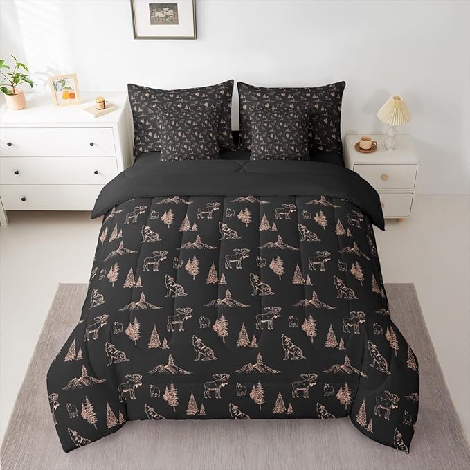 Erosebridal Woodland Animals 7 Piece Comforter Set Full Size Bear Deer Wolf Hunting Theme Bedding Set for Kids Child | Rustic Cabin Lodge Decor Sheets Farmhouse Wildlife Mountain Black Brown Quilt