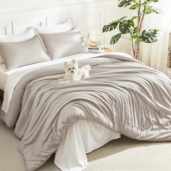 Litanika Linen Grey Comforter Set Full Size, 3 Pieces Lightweight Solid Bedding Comforter Set, All Season Fluffy Bed Set (79x90In Comforter & 2 Pillowcases)