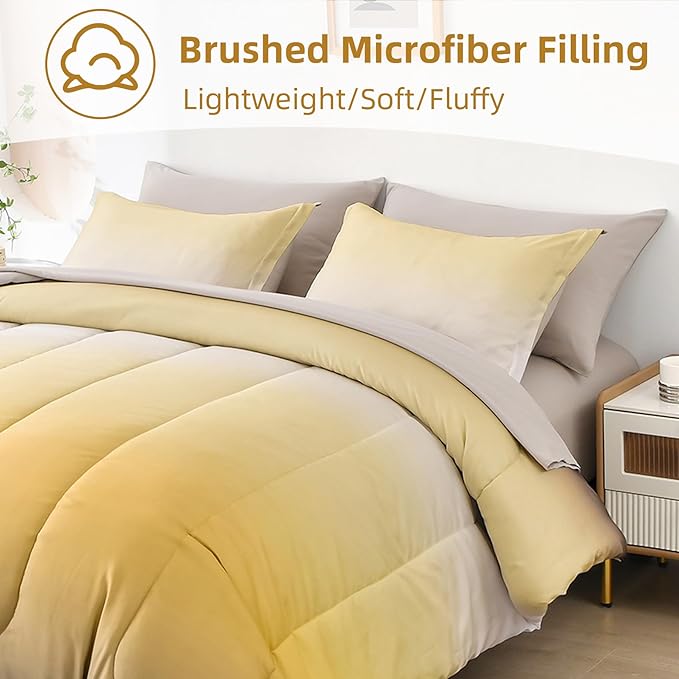 Anibedding Gradient Yellow Comforter Set King Size 7 Pieces Ombre Yellow and Grey Bed in a Bag Complete Bedding Set - Breathable Solid Grey Bed Sets w/Flat/Fitted Sheet, 2 Pillowcases, 2 Pillow Shams
