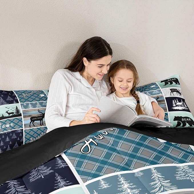 Bear Deer Comforter Set Queen Size, Hunting Wild Animal Bedding Rustic Cabin Lodge Quilt Farmhouse Blue Geometric Plaids Bedding Comforter Sets For Boys Girls Mens Bedroom, Blue Rustic Gifts For Men